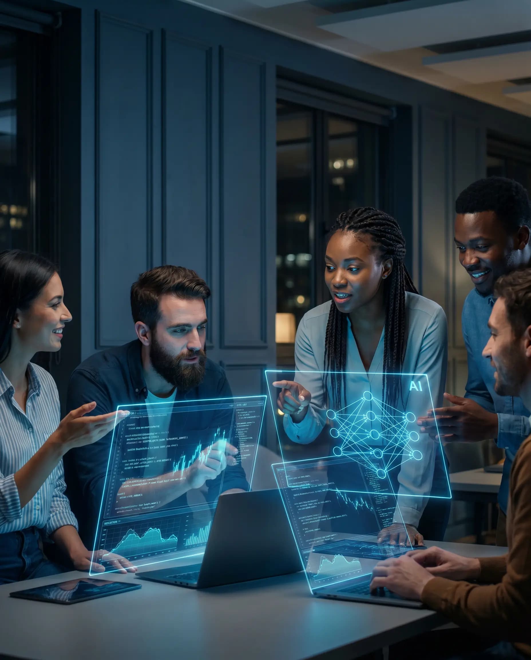 A diverse group of developers collaborating around holographic AI displays in a dark modern co-working space.