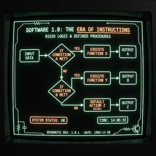 A diagram of blocks and arrows on a CRT screen - explicit control flow.