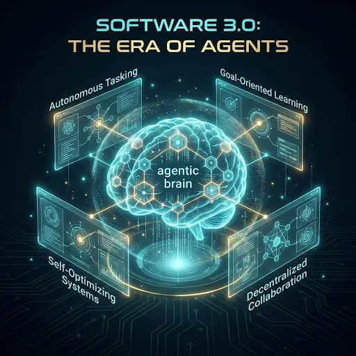 An agentic brain surrounded by interface panels - the era of agents.