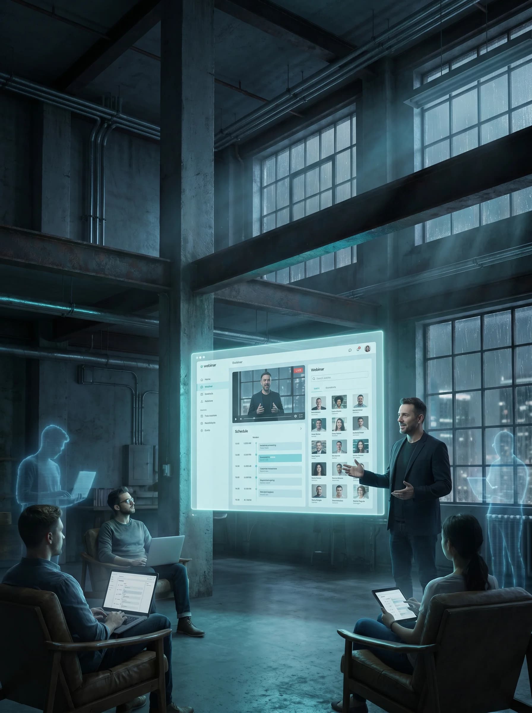 A speaker hosts an online event in front of a holographic webinar screen while some attendees join remotely