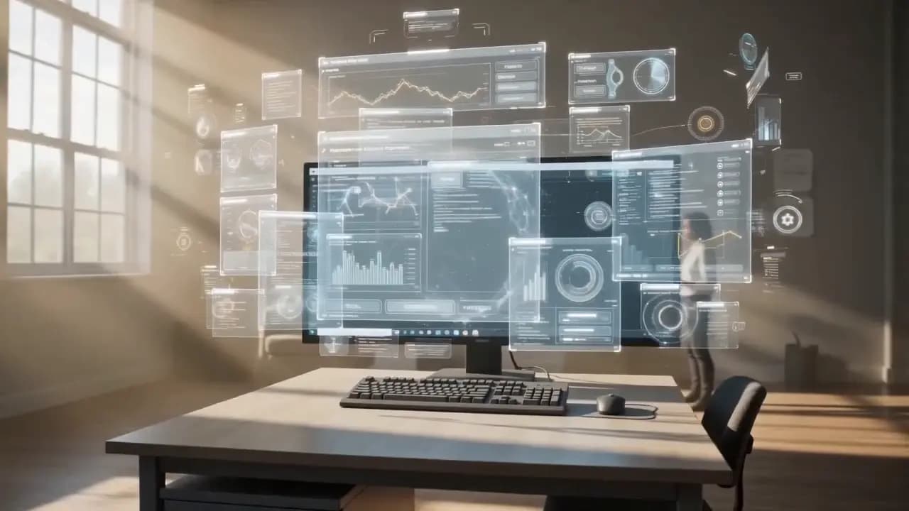 A column of translucent interface panels blooming in the air above a desk in morning light.