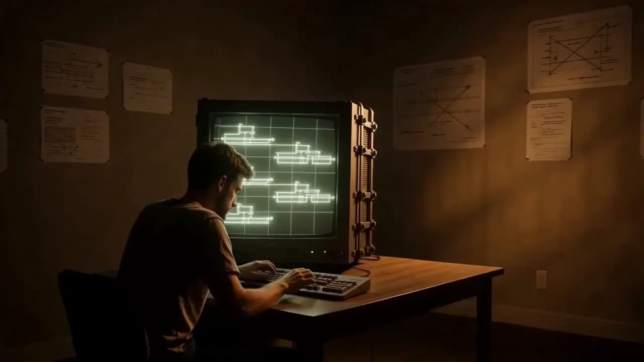 A builder at a desk in tungsten light. A bolted-on CRT monitor with a glowing interface schematic.