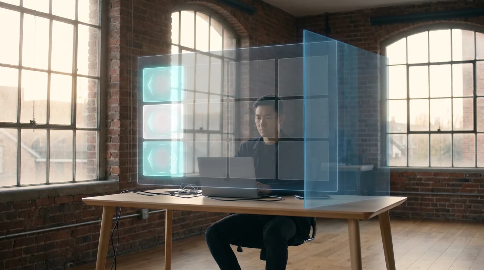 A developer at a desk with a holographic tools interface, some active and some muted behind a gate of light