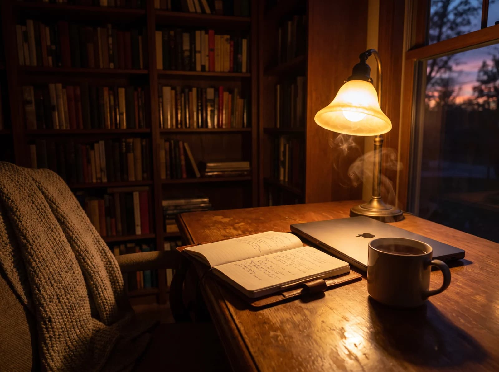 A desk with books and a lamp at dusk - the learning mood of the Skills 3.0 platform